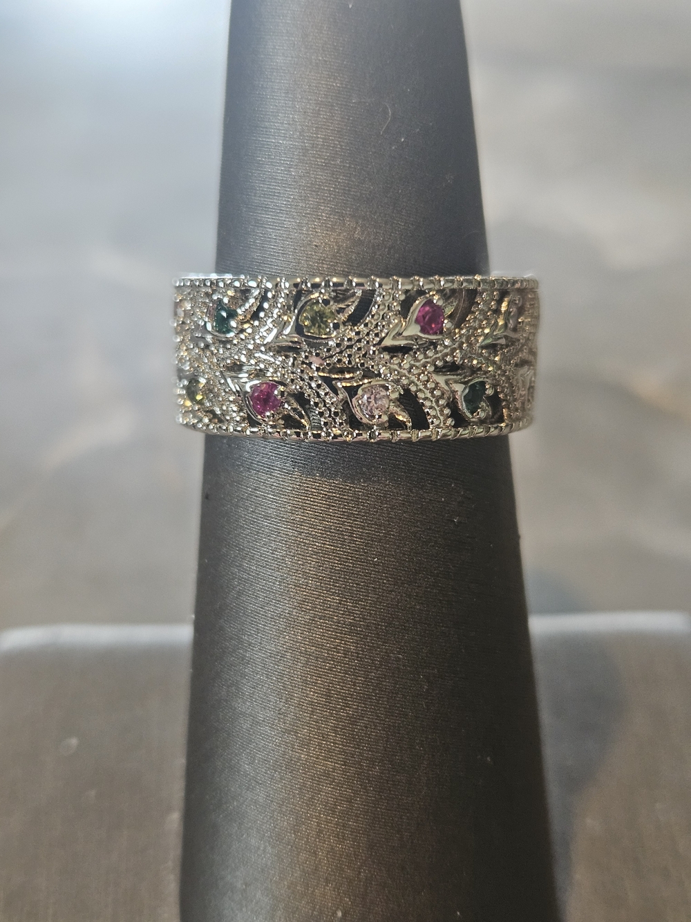 Multi-Gemstone Silver Filigree Band Ring - Pink, Green, Blue Accents
